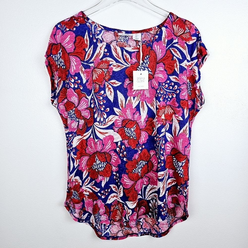 Sigrid Olsen 100% Linen Floral High Low Shirt NWT